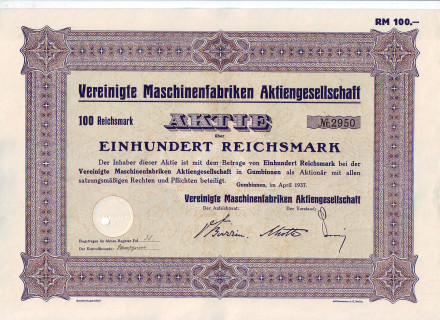 Акционерное общество машиностроения. Акция 100 рейхсмарок. Гумбиннен, 1937 год, Третий рейх.