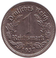 Монета 1 рейхсмарка. 1937 (J) год, Третий Рейх (Германия).