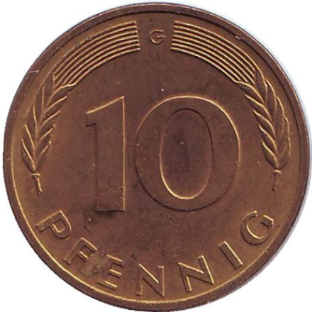 Монета 10 пфеннигов. 1984 год (G), ФРГ. Дубовые листья.