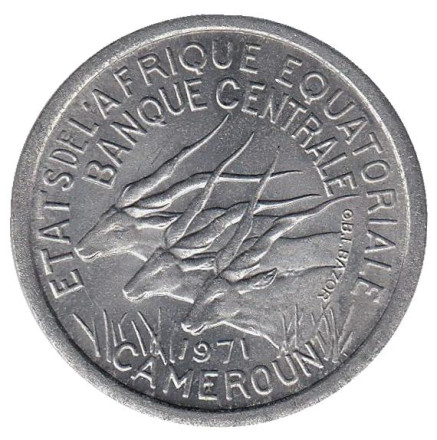 Монета 1 франк. 1971 год, Камерун. Африканские антилопы. (Западные канны).