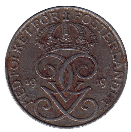 Монета 5 эре. 1919 год, Швеция. (Железо)