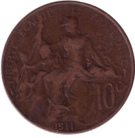 Монета 10 сантимов. 1911 год, Франция.