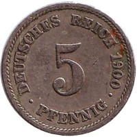 Монета 5 пфеннигов. 1900 год (F), Германская империя.