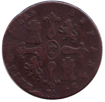 Монета 8 мараведи. 1840 год, Испания. Королева Изабелла II. Монета 8 мараведи. 1840 год, Испания. Королева Изабелла II.