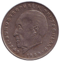 Конрад Аденауэр. Монета 2 марки. 1973 год (F), ФРГ.
