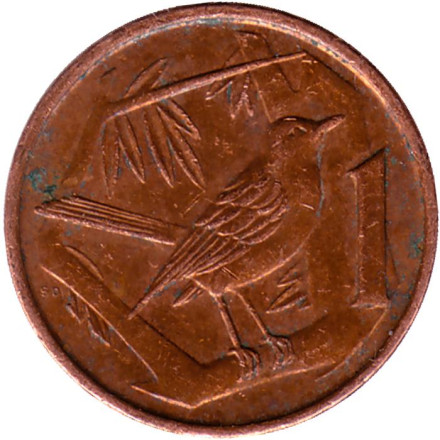 Монета 1 цент. 2013 год, Каймановы острова. Птица на ветке (дрозд).
