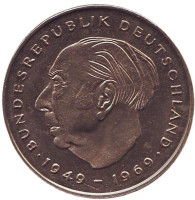 Теодор Хойс. Монета 2 марки. 1977 год (J), ФРГ. UNC.