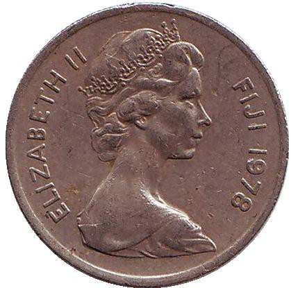 Монета 5 центов. 1978 год, Фиджи. Фиджийский барабан (лали). Монета 5 центов. 1978 год, Фиджи. Фиджийский барабан (лали).