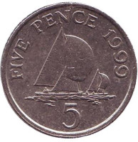 Парусники. Монета 5 пенсов, 1999 год, Гернси.