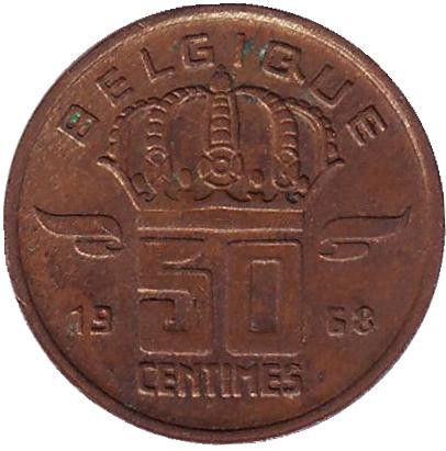 Монета 50 сантимов. 1968 год, Бельгия. (Belgique)
