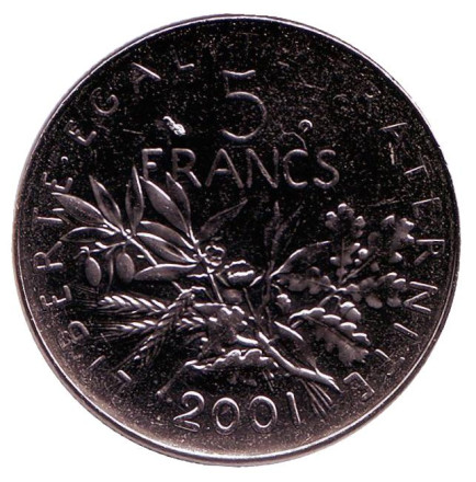 Монета 5 франков. 2001 год, Франция. BU.