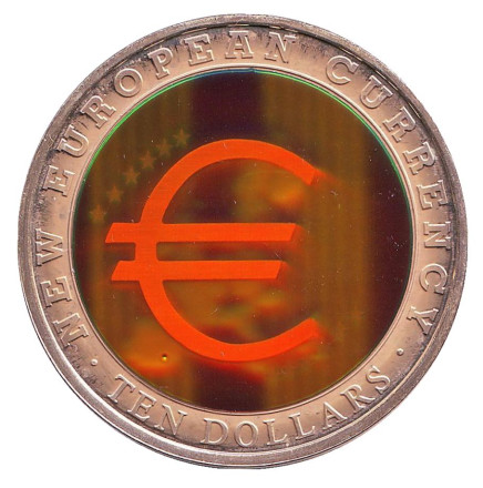 Монета 10 долларов. 2003 год, Либерия. (Голограмма). Новая Европейская валюта.