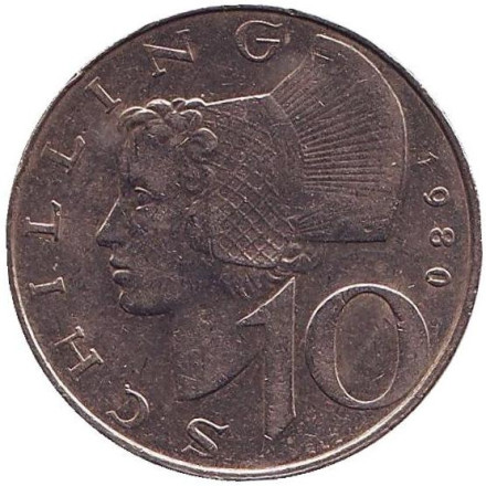 Монета 10 шиллингов. 1980 год, Австрия. Женщина из Вахау.