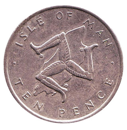 Монета 10 пенсов. 1976 год, Остров Мэн. (Отметка "PM" только на аверсе) Трискелион.