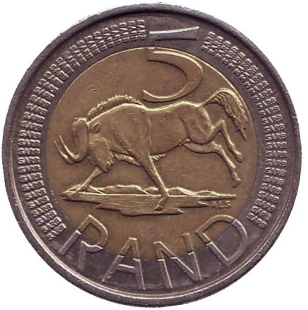 Монета 5 рандов. 2012 год, ЮАР. Антилопа гну.