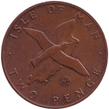 Монета 2 пенса. 1979 год, Остров Мэн. (Отметка "AD") Малый буревестник.