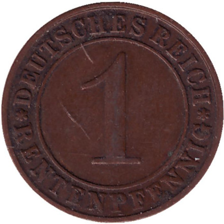 Монета 1 рентенпфенниг. 1924 год (F), Веймарская республика.