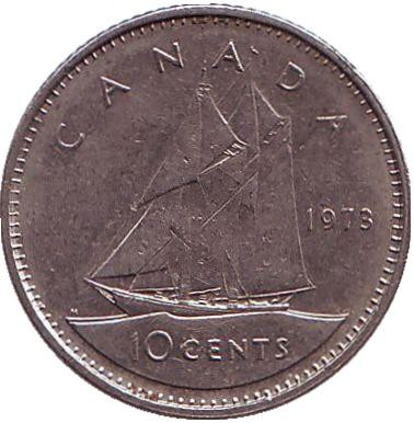 Монета 10 центов. 1973 год, Канада. Из обращения. Парусник.