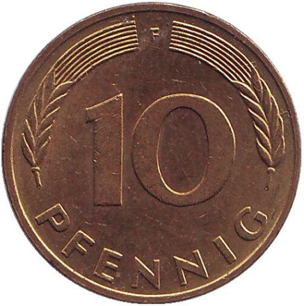Монета 10 пфеннигов. 1985 год (F), ФРГ. Дубовые листья.
