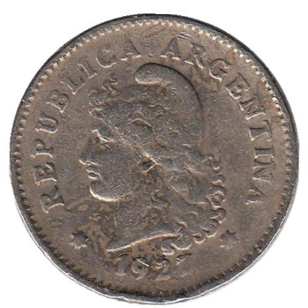 Монета 10 сентаво. 1927 год, Аргентина.