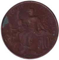 Монета 10 сантимов. 1913 год, Франция.