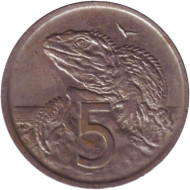 Монета 5 центов. 1973 год, Новая Зеландия. Гаттерия. Монета 5 центов. 1973 год, Новая Зеландия. Гаттерия.
