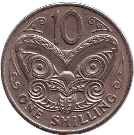 Монета 10 центов. (1 шиллинг). 1969 год, Новая Зеландия. Из обращения. Маска маори.