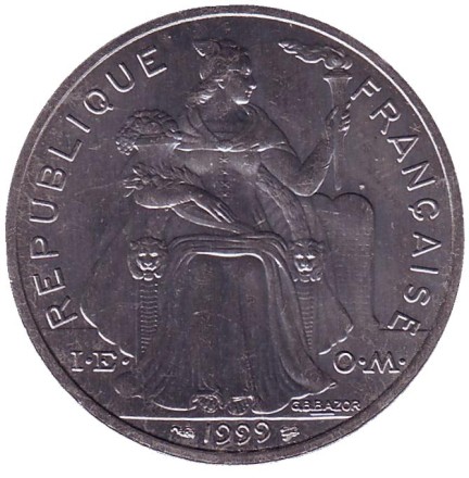 Монета 5 франков. 1999 год, Новая Каледония. Птица кагу. Монета 5 франков. 1999 год, Новая Каледония. Птица кагу.