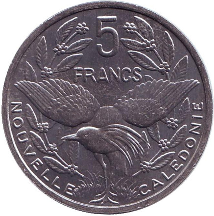 Монета 5 франков. 1999 год, Новая Каледония. Птица кагу.