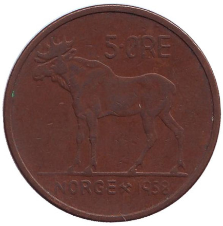 Монета 5 эре. 1958 год, Норвегия. Лось.