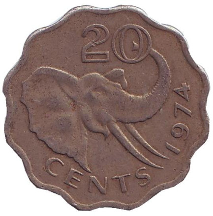 Монета 20 центов. 1974 год, Свазиленд. Слон.