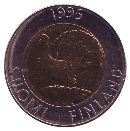 Монета 10 марок. 1995 год, Финляндия. UNC. Глухарь.