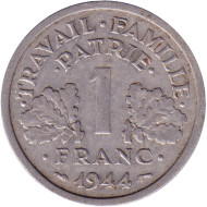Монета 1 франк. 1944 год, Франция. Travail Famille Patrie. Литера B. Монета 1 франк. 1944 год, Франция. Travail Famille Patrie. Литера B.