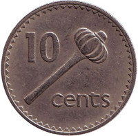 Метательная дубинка - ула тава тава. Монета 10 центов. 1969 год, Фиджи.