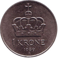 Монета 1 крона. 1989 год, Норвегия. Корона. Монета 1 крона. 1989 год, Норвегия. Корона.