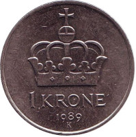 Корона. Монета 1 крона. 1989 год, Норвегия.