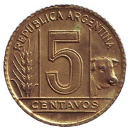 Монета 5 сентаво. 1942 год, Аргентина. Алюминиевая бронза. Монета 5 сентаво. 1942 год, Аргентина. Алюминиевая бронза.