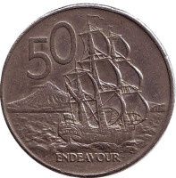 Парусник "Endeavour". Монета 50 центов, 1984 год, Новая Зеландия.