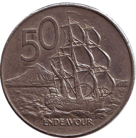Монета 50 центов, 1984 год, Новая Зеландия. Парусник "Endeavour".
