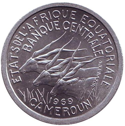 Монета 1 франк. 1969 год, Камерун. Африканские антилопы. (Западные канны).