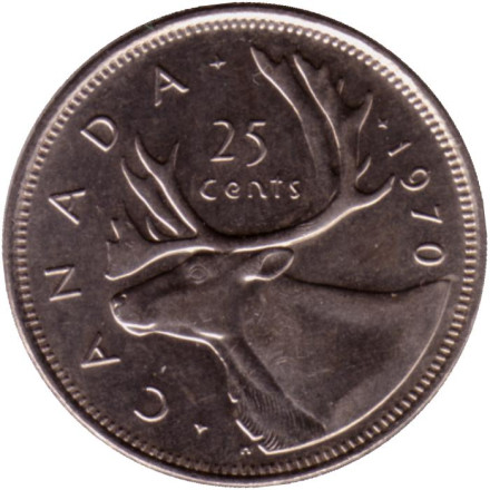 Монета 25 центов. 1970 год, Канада. Канадский олень (Карибу).