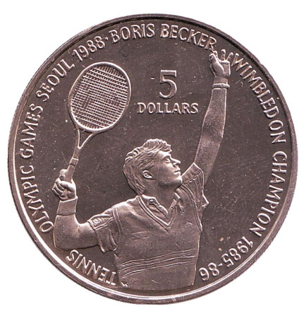 Монета 5 долларов. 1987 год, Ниуэ. XXIV летние Олимпийские Игры в Сеуле.Теннис. Борис Беккер.