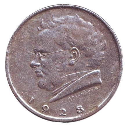Монета 2 шиллинга. 1928 год, Австрия. Из обращения. 100-летие со дня смерти Франца Шуберта.