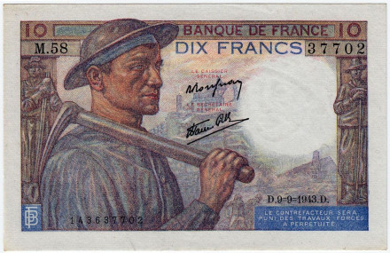 Банкнота 10 франков. 1943 год, Франция. Горняк.