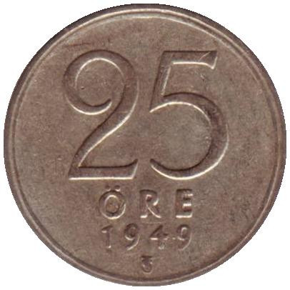 Монета 25 эре. 1949 год, Швеция.