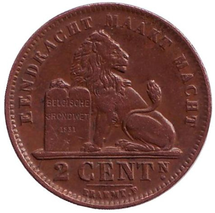 Монета 2 сантима. 1919 год, Бельгия. (Der Belgen)