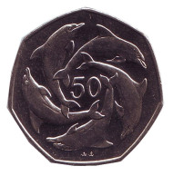 Монета 50 пенсов. 1997 год, Гибралтар. Дельфины. Монета 50 пенсов. 1997 год, Гибралтар. Дельфины.