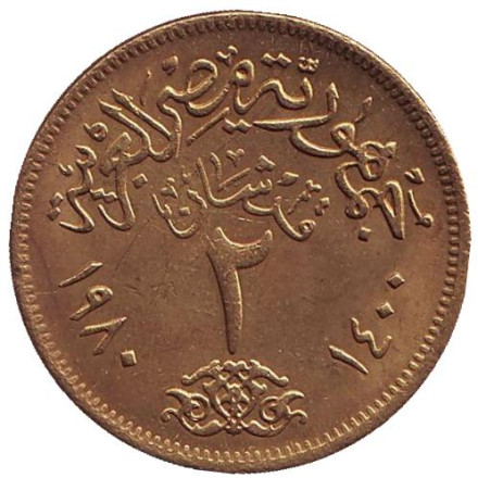 Монета 2 пиастра. 1980 год, Египет.