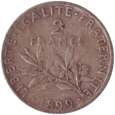Монета 2 франка. 1899 год, Франция.