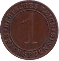 Монета 1 рейхспфенниг. 1934 год (D), Веймарская республика.